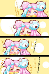 Rule 34 | &gt; &lt;, 1girl, 1other, 4koma, :&lt;, :d, ^^^, absurdres, blue hair, blush, bow-shaped hair, chibi, closed eyes, closed mouth, comic, commentary request, creatures (company), game freak, gloves, hand up, hands up, highres, iono (pokemon), jacket, kurukurumagical, long sleeves, motion lines, multicolored hair, nintendo, open mouth, out of frame, parted lips, pink eyes, pink hair, pokemon, pokemon sv, sharp teeth, sleeves past fingers, sleeves past wrists, smile, teeth, translation request, two-tone hair, v-shaped eyebrows, white gloves, xd, yellow jacket