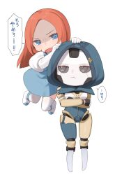 Rule 34 | 2girls, android, animification, apex legends, ash (titanfall 2), ashleigh reid, blue dress, blue eyes, blue leotard, boots, chibi, colored sclera, crossed arms, dress, dual persona, elbow gloves, floating hair, frown, gloves, grey eyes, grey sclera, hand on another&#039;s head, highres, hood, hood up, hooded leotard, leotard, looking at viewer, metal skin, multiple girls, nagoooon 114, orange hair, parted bangs, shaded face, simple background, simulacrum (titanfall), sweatdrop, thighhighs, translation request, v-shaped eyebrows, white background, white footwear, white gloves, white thighhighs