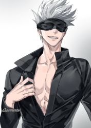 Rule 34 | 1boy, artist name, black blindfold, black jacket, blindfold, collarbone, covered eyes, facing viewer, gearous, gojou satoru, grin, hand up, highres, jacket, jujutsu kaisen, long sleeves, male focus, open clothes, open jacket, pectoral cleavage, pectorals, short hair, simple background, smile, solo, upper body, white background, white hair