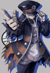 Rule 34 | 1boy, absurdres, belt, belt buckle, black coat, black hat, brown belt, buckle, buttons, closed mouth, coat, commentary request, creatures (company), frown, game freak, grey background, grey eyes, grey hair, hand on headwear, hat, high collar, highres, ingo (pokemon), jacket, kabe (ywky7533), long sideburns, looking at viewer, male focus, nintendo, open clothes, open coat, peaked cap, pearl clan outfit, pokemon, pokemon legends: arceus, purple jacket, short hair, sideburns, solo, torn clothes, torn coat, trench coat, twitter username