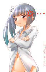 Rule 34 | 1girl, anger vein, brown eyes, collared shirt, cowboy shot, crossed arms, dress shirt, grey hair, kantai collection, kasumi (kancolle), long hair, navel, no panties, one-hour drawing challenge, out-of-frame censoring, ray.s, shirt, side ponytail, simple background, solo, white background, white shirt