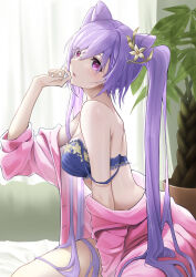 Rule 34 | 1girl, alternate costume, bare shoulders, between legs, blue bra, bra, braid, breasts, cardigan, cone hair bun, contemporary, curtains, double bun, eyes visible through hair, floral print, flower, frilled bra, frills, from side, genshin impact, hair between eyes, hair bun, hair flower, hair ornament, hand between legs, hand up, highres, indoors, keqing (genshin impact), kinoyama (0202), long hair, looking afar, looking to the side, medium breasts, off shoulder, open cardigan, open clothes, parted lips, pink cardigan, plant, potted plant, print bra, purple eyes, purple hair, sidelocks, sitting, solo, straight hair, strap slip, thighs, twintails, underwear, white flower