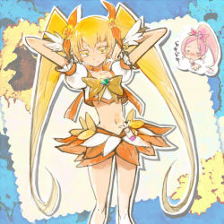 Rule 34 | 10s, 2girls, blonde hair, bow, brooch, cure blossom, cure sunshine, earrings, hair ornament, hair ribbon, hanasaki tsubomi, happy, heart, heart brooch, heartcatch precure!, jewelry, long hair, looking at viewer, magical girl, midriff, multiple girls, myoudouin itsuki, navel, orange bow, orange skirt, pink hair, ponytail, precure, puffy sleeves, ribbon, shijima (agkm), shirt, skirt, smile, standing, translation request, twintails, wrist cuffs, yellow bow, yellow eyes