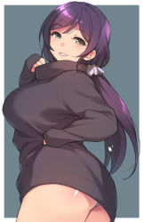 Rule 34 | 1girl, ass, black sweater, blue background, breasts, duke (inu daimyou), green eyes, hair ornament, hair scrunchie, large breasts, long hair, long sleeves, looking at viewer, love live!, love live! school idol project, low twintails, panties, pantyshot, purple hair, scrunchie, sleeves past wrists, solo, sweater, tojo nozomi, turtleneck, turtleneck sweater, twintails, two-tone background, underwear, white background, white scrunchie