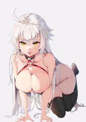 Rule 34 | 1girl, absurdres, all fours, bare shoulders, bikini, bikini top only, black bikini, black thighhighs, blush, bottomless, breasts, cleavage, fate/grand order, fate (series), highres, jeanne d&#039;arc alter (swimsuit berserker) (fate), jeanne d&#039;arc (fate), jeanne d&#039;arc alter (fate), jeanne d&#039;arc alter (swimsuit berserker) (fate), large breasts, long hair, looking at viewer, o-ring, o-ring bikini, silver hair, smile, solar (happymonk), solo, suggestive fluid, swimsuit, thighhighs, thighs, tongue, tongue out, very long hair, yellow eyes