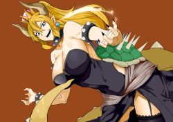 Rule 34 | 1girl, absurdres, armlet, bare shoulders, black collar, black dress, black nails, black panties, black thighhighs, blonde hair, blue eyes, borrowed design, bowsette, bracelet, breasts, breath weapon, breathing fire, brown background, claw pose, cleavage, collar, covered navel, cowboy shot, crown, dress, dutch angle, earrings, evil smile, fire, garter straps, highres, horns, jewelry, lace, lace-trimmed legwear, lace trim, large breasts, long dress, long hair, looking at viewer, mario (series), nail polish, new super mario bros. u deluxe, nintendo, nokogiriotoko, open mouth, panties, pointy ears, ponytail, sharp teeth, side slit, smile, solo, spiked armlet, spiked bracelet, spiked collar, spiked shell, spiked tail, spikes, standing, strapless, strapless dress, super crown, tail, teeth, thighhighs, turtle shell, underwear