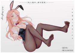 Rule 34 | 1girl, animal ears, artist name, asuna (sao), bad anatomy, black leotard, blush, bow, bowtie, braid, breasts, brown pantyhose, cleavage, commission, detached collar, fake animal ears, feet, full body, half updo, highres, leotard, long hair, looking at viewer, medium breasts, nail polish, no shoes, outstretched arm, pantyhose, parted lips, playboy bunny, qizhu, rabbit ears, rabbit tail, red bow, red bowtie, reversed feet, reversed foot, solo, strapless, strapless leotard, sword art online, tail, toes, wrist cuffs