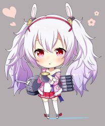 Rule 34 | 1girl, :o, animal ears, azur lane, bad id, bad pixiv id, blush, camisole, cannon, chibi, commentary request, full body, fur-trimmed jacket, fur trim, grey background, hair between eyes, hair ornament, hairband, heart, highres, holding, jacket, kyuujou komachi, laffey (azur lane), long hair, long sleeves, off shoulder, parted lips, pink jacket, pleated skirt, rabbit ears, red eyes, red footwear, red hairband, red skirt, searchlight, silver hair, skirt, solo, standing, strap slip, thighhighs, torpedo, turret, twintails, very long hair, white camisole, white thighhighs