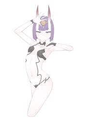 Rule 34 | 1girl, absurdres, bare shoulders, blunt bangs, bob cut, breasts, bridal gauntlets, collarbone, eyeliner, fate/grand order, fate (series), headpiece, highres, horns, looking at viewer, makeup, navel, oni, peachyp, purple eyes, purple hair, revealing clothes, short hair, shuten douji (fate), simple background, skin-covered horns, small breasts, smile, solo, thighs, white background
