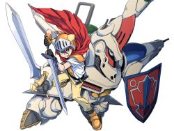 Rule 34 | 1boy, adeu warsam, chales28ho, fantasy, green eyes, hair between eyes, haou taikei ryuu knight, helmet, highres, holding, holding shield, holding sword, holding weapon, looking at viewer, male focus, mecha, pants, red hair, red scarf, robot, scarf, shield, shirt, smile, sword, weapon, white background, white shirt, yellow pants, zephyr (ryu knight)