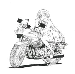Rule 34 | 10s, 1girl, :d, blazer, blush, collared shirt, formal, full body, greyscale, head tilt, highres, jacket, kneehighs, long hair, monochrome, motor vehicle, motorcycle, neck ribbon, new game!, nori gutchin, open mouth, ribbon, salute, shirt, shoes, sitting, skirt, smile, sneakers, socks, solo, suit, suzukaze aoba, twintails, very long hair
