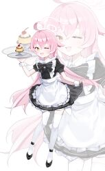 Rule 34 | 1girl, absurdres, ahoge, apron, black dress, black footwear, blue archive, blush, commentary, dress, food, frilled apron, frills, hair between eyes, halo, highres, holding, holding tray, hoshino (blue archive), long hair, looking at viewer, nez (nez 0 0), one eye closed, open mouth, pink hair, pink halo, pudding, puffy short sleeves, puffy sleeves, shoes, short sleeves, simple background, smile, solo, thighhighs, tray, white apron, white background, white thighhighs, wrist cuffs, yellow eyes, zoom layer