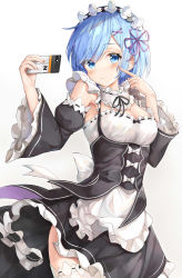 Rule 34 | 1girl, absurdres, black ribbon, blue eyes, blue hair, blush, breasts, cellphone, cleavage, commentary request, detached sleeves, dress, finger to face, frills, hair ornament, hair over one eye, hair ribbon, highres, holding, holding phone, lisu, looking at viewer, maid, maid headdress, medium breasts, phone, pink ribbon, re:zero kara hajimeru isekai seikatsu, rem (re:zero), ribbon, short hair, simple background, smartphone, smile, solo, thighhighs, white background, white thighhighs, x hair ornament