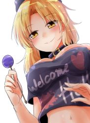 Rule 34 | 1girl, black shirt, blonde hair, blush, breasts, candy, clothes writing, collar, commentary request, food, forehead, from below, hecatia lapislazuli, hecatia lapislazuli (moon), highres, holding, holding candy, holding food, large breasts, lollipop, navel, one-hour drawing challenge, oshiaki, print shirt, shirt, t-shirt, touhou, yellow eyes