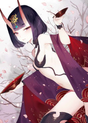 Rule 34 | 1girl, alcohol, blunt bangs, bob cut, breasts, cup, dutch angle, fate/grand order, fate (series), feet out of frame, headpiece, highres, holding, holding cup, horns, looking at viewer, makeup, navel, oni, parted lips, petals, purple eyes, purple hair, reeh (yukuri130), revealing clothes, sakazuki, sake, short eyebrows, short hair, shuten douji (fate), skin-covered horns, small breasts, solo, thighs
