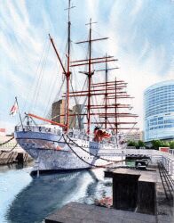 Rule 34 | blue sky, building, chain, chained, city, cloud, cloudy sky, day, harbor, highres, no humans, office, original, painting (medium), scenery, ship, shore, sketch, sky, toirom pmxh, traditional media, watercolor (medium), watercraft, window, yokohama