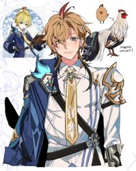 Rule 34 | 1boy, absurdres, aged up, bird, blonde hair, blue eyes, blue jacket, brown hair, chick, chicken, closed mouth, collared shirt, ear piercing, genshin impact, hair ornament, hairpin, highres, jacket, jacket on shoulders, jacket partially removed, looking at viewer, majunjuu, male focus, medium hair, mika (genshin impact), multicolored hair, necktie, piercing, rooster, shirt, smile, solo, white shirt, yellow necktie