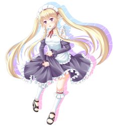 Rule 34 | 10s, 1girl, alternate eye color, alternate hair color, blonde hair, clothes lift, detached sleeves, elf, full body, long hair, looking at viewer, maid, maid headdress, myucel foalan, open mouth, outbreak company, pointy ears, purple eyes, silhouette, skirt, skirt lift, solo, transparent background, twintails, villyane, white legwear