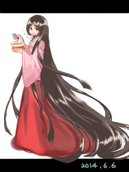 Rule 34 | 1girl, absurdly long hair, black hair, bow, bowtie, brown eyes, chopsticks, dated, dress, eating, food, full body, highres, hime cut, houraisan kaguya, japanese clothes, letterboxed, long hair, long skirt, long sleeves, looking at viewer, mouth hold, namauni, noodles, ramen, red skirt, ribbon, simple background, skirt, smile, solo, touhou, very long hair, white background, wide sleeves