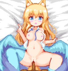 Rule 34 | 1boy, 1girl, animal ears, animated, animated gif, bed sheet, blonde hair, blue eyes, blue socks, blue thighhighs, blush, breasts, cleft of venus, commentary request, cum, cum in pussy, dark-skinned male, dark skin, grabbing, hetero, hinainf, interracial, long hair, lowres, lying, m legs, medium breasts, missionary, nipples, on back, open clothes, open mouth, open shirt, original, cum overflow, penis, pussy, sex, sheet grab, shirt, single thighhigh, socks, spread legs, thighhighs, uncensored, vaginal, white shirt, wings