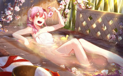 Rule 34 | 1girl, ;d, ahoge, animal, arm up, bamboo, bathing, bathtub, blush, cherry blossoms, unworn clothes, fish, hair between eyes, heart, heart in mouth, holding, legs up, light rays, naked towel, one eye closed, open mouth, partially submerged, phino, pink hair, plant, railing, red eyes, round teeth, rubber duck, sandals, sergestid shrimp in tungkang, short hair, smile, solo, teeth, towel, water, xuan ying