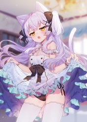 Rule 34 | 1girl, :o, animal ear fluff, animal ears, bad id, bad twitter id, bare shoulders, black panties, blue dress, blush, bow, cameltoe, cat ears, cat girl, cat tail, clothes lift, cowboy shot, dress, dress lift, hair bow, hair ornament, hairclip, highres, kawachi rin, lifted by self, long hair, open mouth, original, panties, pink hair, revision, ribbon, side-tie panties, sleeveless, sleeveless dress, solo, standing, striped clothes, striped dress, tail, thighhighs, thighs, two-sided fabric, two-sided skirt, two side up, underwear, white thighhighs, yellow eyes