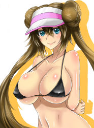 Rule 34 | 10s, 1girl, arms behind back, bare shoulders, bikini, black bikini, blue eyes, blush, body blush, breasts, brown hair, closed mouth, collarbone, covered erect nipples, creatures (company), double bun, game freak, hair between eyes, hair bun, hat, highres, huge breasts, large breasts, lips, long hair, looking at viewer, navel, nintendo, pokemon, pokemon bw2, rosa (pokemon), silhouette, simple background, skindentation, smile, solo, stomach, strap gap, swimsuit, takecha, tareme, twintails, upper body, very long hair, visor cap, white background, white hat