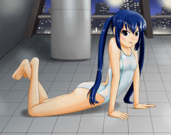 Rule 34 | 1girl, arm support, bad anatomy, bad feet, barefoot, blue hair, cityscape, competition swimsuit, flat chest, long hair, lying, on stomach, one-piece swimsuit, original, poorly drawn, purple eyes, solo, swimsuit, tk4, twintails