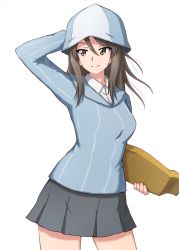Rule 34 | 1girl, arm behind head, blue hat, blue shirt, brown eyes, brown hair, closed mouth, commentary request, cowboy shot, dress shirt, girls und panzer, grey skirt, hand on headwear, hat, highres, holding, holding instrument, instrument, kantele, keizoku school uniform, long hair, long sleeves, looking at viewer, looking away, mika (girls und panzer), miniskirt, omachi (slabco), pleated skirt, school uniform, shirt, simple background, skirt, smile, solo, standing, striped clothes, striped shirt, vertical-striped clothes, vertical-striped shirt, white background, white shirt, wing collar