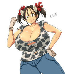 Rule 34 | 1girl, black hair, breasts, character name, cleavage, cow girl, gigantic breasts, gloves, hand on own hip, hataraki ari, horns, looking at viewer, original, shirt, smile, solo, sukimi, torn clothes, torn shirt, translated, twintails, yellow eyes