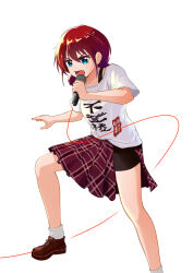 Rule 34 | 1girl, black shorts, blue eyes, brown footwear, clothes writing, collarbone, commentary, girls band cry, hair between eyes, half-skirt, highres, holding, holding microphone, iseri nina, low twintails, microphone, nebula807, open mouth, plaid, plaid skirt, pleated skirt, red hair, red skirt, shirt, short hair, short sleeves, short twintails, shorts, shorts under skirt, simple background, skirt, socks, solo, translated, twintails, white background, white shirt, white socks