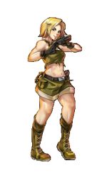 Rule 34 | 1girl, belt, blonde hair, boots, combat boots, gloves, green eyes, gun, lowres, metal slug, military, nathalie neo, official art, short hair, snk, solo, thick thighs, thighs, weapon