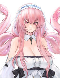 Rule 34 | 1girl, absurdres, azur lane, bare shoulders, breasts, cleavage, detached collar, detached sleeves, doinaka, dress, female focus, frilled hairband, frills, hairband, highres, large breasts, long hair, matching hair/eyes, perseus (azur lane), pink eyes, pink hair, simple background, solo, strapless, strapless dress, very long hair, white background, white dress