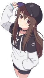 Rule 34 | 1girl, adjusting clothes, adjusting headwear, baseball cap, black choker, black hat, black hoodie, black shorts, breasts, brown eyes, brown hair, choker, closed mouth, commentary, cowboy shot, eternaltanbo, from above, hand in pocket, hat, highres, hololive, hood, hood down, hoodie, jewelry, long hair, looking at viewer, necklace, o-ring, o-ring choker, official alternate costume, short shorts, shorts, sidelocks, simple background, sleeves past wrists, small breasts, smile, solo, standing, star (symbol), star necklace, tokino sora, tokino sora (streetwear), two-tone hoodie, virtual youtuber, white background, white hoodie