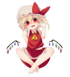Rule 34 | 1girl, :3, ascot, bacho, barefoot, blonde hair, bloomers, blush, fangs, female focus, finger to face, flandre scarlet, hat, hat ribbon, indian style, open mouth, red eyes, ribbon, short hair, side ponytail, sitting, smile, solo, touhou, underwear, wings