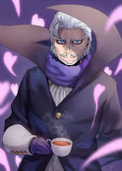 Rule 34 | 1boy, absurdres, arm behind back, blue eyes, boku no hero academia, cup, facial hair, gentle criminal, gloves, grey hair, heart, highres, holding, holding cup, looking at viewer, male focus, mustache, peppertomo, purple background, purple gloves, simple background, solo, teacup, upper body