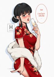 Rule 34 | 1girl, absurdres, blush, breasts, chi-chi (dragon ball), china dress, chinese clothes, dragon ball, dragonball z, dress, drunk, earrings, female focus, highres, hydedrogen, jewelry, lipstick, looking at viewer, makeup, medium breasts, medium hair, nail polish, solo, speech bubble