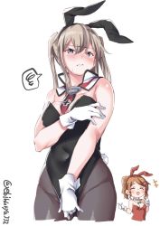 Rule 34 | 2girls, alternate costume, animal ears, aquila (kancolle), bare shoulders, black legwear, black leotard, blonde hair, breasts, celtic knot, closed eyes, closed mouth, commentary request, covered navel, cowboy shot, cross, detached collar, ebifurya, embarrassed, fake animal ears, gloves, graf zeppelin (kancolle), grey eyes, hair between eyes, hair ornament, hairclip, high ponytail, highres, iron cross, kantai collection, large breasts, leotard, looking at viewer, multiple girls, open mouth, orange hair, pantyhose, playboy bunny, pointing, pointing forward, rabbit ears, rabbit tail, red leotard, sidelocks, spoken squiggle, squiggle, strapless, strapless leotard, tail, tears, tsurime, twintails, twitter username, wavy hair, wavy mouth, white background, white gloves, wrist cuffs