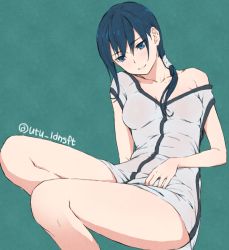 Rule 34 | 10s, 1girl, artist name, bare legs, bare shoulders, black hair, blue eyes, blush, bottomless, breasts, cleavage, closed mouth, collarbone, dress, green background, hai to gensou no grimgar, hand on own stomach, head tilt, long hair, merry (grimgar), no bra, no panties, off shoulder, simple background, sitting, sleeveless, sleeveless dress, smile, solo, utu (ldnsft), white dress
