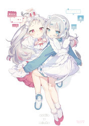 Rule 34 | absurdres, blue eyes, commentary, cuffs, denpa noise, grey hair, hair ornament, hairclip, handcuffs, headset, highres, knife, long hair, long sleeves, looking at viewer, original, red eyes, short hair, simple background, straddling, symbol-only commentary, tears, two side up, white background
