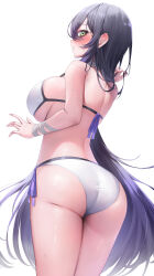Rule 34 | 1girl, absurdres, ass, back, bandaged wrist, bandages, bare shoulders, bikini, black hair, blush, breasts, commentary request, flying sweatdrops, from behind, highres, large breasts, long hair, looking at viewer, looking back, morros, original, revision, side-tie bikini bottom, sideboob, sideways glance, simple background, solo, swimsuit, very long hair, white background, white bikini
