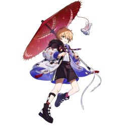 Rule 34 | 1boy, black coat, black footwear, black shorts, blonde hair, boots, coat, commentary, foot up, full body, gold trim, green eyes, hair between eyes, highres, holding, holding umbrella, huji ikki (riichi city), long sleeves, looking at viewer, male focus, multicolored coat, official art, oil-paper umbrella, open clothes, open coat, open mouth, purple coat, riichi city, shin strap, shirt, shirt tucked in, short hair, shorts, shuukenyuu, simple background, smile, solo, striped clothes, striped shorts, suspenders, tassel, umbrella, vertical-striped clothes, vertical-striped shorts, white background, white coat, white shirt, white stripes