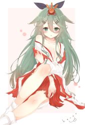 Rule 34 | 10s, 1girl, alternate costume, artist name, blue eyes, breasts, cleavage, covering privates, covering breasts, green hair, hair ornament, hairclip, highres, kantai collection, medium breasts, signature, solo, tabi, torn clothes, yamakaze (kancolle)