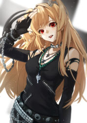 Rule 34 | 1girl, absurdres, amane misa, arm up, bead necklace, beads, belt, black tank top, blonde hair, breasts, chain, choker, cross, death note, detached sleeves, eyelashes, fingerless gloves, gloves, goth fashion, hair ornament, highres, jewelry, long hair, looking at viewer, multiple necklaces, nail polish, necklace, puke.face, red eyes, salute, simple background, skull hair ornament, solo, tank top, tongue, tongue out, two-finger salute, two side up, zipper