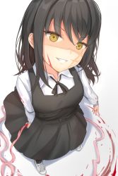 Rule 34 | 1girl, absurdres, black hair, black socks, blood, blood on face, breasts, chainsaw man, collar, cross scar, dress, eru (aeeu2243), from above, highres, looking at viewer, medium hair, neck ribbon, open mouth, pinafore dress, ribbon, ringed eyes, scar, scar on face, school uniform, shirt, shoes, simple background, skirt, sleeveless, sleeveless dress, socks, solo, standing, white background, white collar, white footwear, yellow eyes, yoru (chainsaw man)
