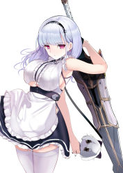 Rule 34 | 1girl, apron, armpits, arms up, azur lane, bare arms, bare shoulders, black skirt, breasts, character doll, clothing cutout, cowboy shot, dido (azur lane), earrings, frilled skirt, frills, headdress, highres, holding, holding sword, holding weapon, jewelry, large breasts, long hair, looking at viewer, maid, maid apron, miniskirt, parted lips, pink eyes, schreibe shura, shirt, silver hair, simple background, sirius (azur lane), skirt, sleeveless, sleeveless shirt, solo, sword, thighhighs, underboob, underboob cutout, waist apron, weapon, white background, white shirt, white thighhighs, zettai ryouiki