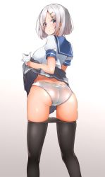 Rule 34 | 1girl, ass, blush, breasts, closed mouth, clothes lift, clothes pull, from behind, gloves, grey background, grey skirt, hair ornament, hairclip, hamakaze (kancolle), hechi (hechi322), highres, kantai collection, large breasts, lifted by self, looking back, pantyhose, pantyhose pull, pleated skirt, sailor collar, school uniform, serafuku, short hair, silver hair, silver panties, simple background, skindentation, skirt, skirt lift, solo, upper body, white gloves
