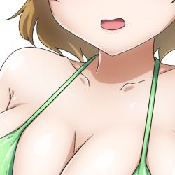 Rule 34 | 1girl, artist request, bare shoulders, blush, bra, breasts, brown hair, cleavage, collarbone, green bra, highres, koizumi hanayo, large breasts, love live!, love live! school idol project, open mouth, short hair, solo, tagme, underwear, zooming in