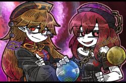 Rule 34 | 2girls, black dress, blonde hair, chain, chinese clothes, clothes writing, collar, crescent, dress, earth (ornament), earth (planet), gold chain, hat, head scarf, hecatia lapislazuli, junko (touhou), long hair, long sleeves, moon (ornament), multiple girls, off-shoulder shirt, off shoulder, orange hair, planet, red eyes, red hair, sash, shirt, smug, suenari (peace), t-shirt, tabard, touhou, wide sleeves