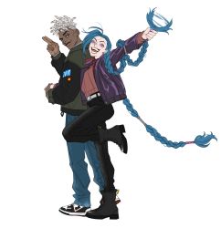 Rule 34 | 1boy, 1girl, :d, arm up, black footwear, black pants, braid, brown jacket, dark-skinned male, dark skin, dreadlocks, ekko (league of legends), firelight ekko, foot up, from side, full body, grey background, grey hair, hand up, highres, holding, holding own hair, jacket, jinx (league of legends), league of legends, long hair, long sleeves, multicolored clothes, multicolored jacket, mush820823, official alternate hairstyle, open mouth, pants, pink jacket, shoes, simple background, smile, teeth, tongue, twin braids, two-tone jacket, very long hair, white footwear